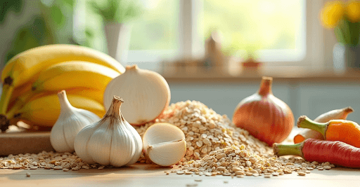 Alho, cebola e banana na mesa